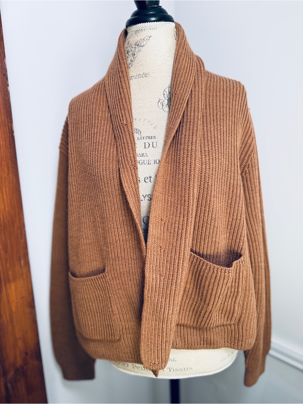 Margaret O'Leary Camel Brown Shawl Collar Pocket Cardigan